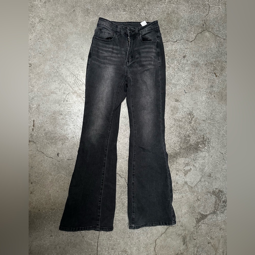 edgy y2k flared dark grey jeans with red cross rhinestones on the back